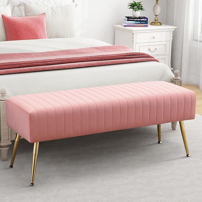 Furnimart 44 Inch Pink Velvet Ottoman Bench, Modern Upholstered Bedroom Benches - Image 2