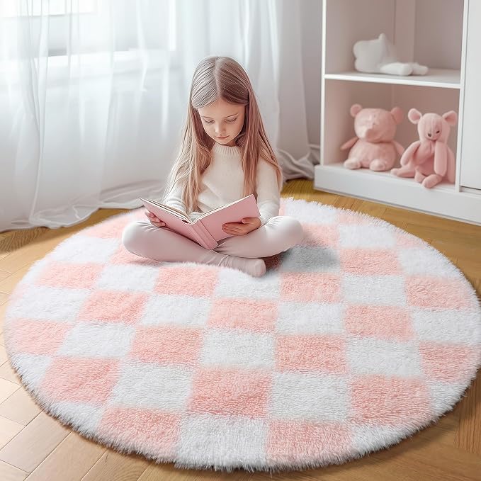 KICMOR Pink Round Rugs 5ft for Girls Bedroom, Fluffy Soft Checkered Circle Area by KICMOR