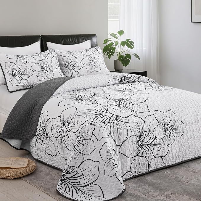 DJY White Quilt Set Queen 3 Pieces Floral Bedding Quilt Set Soft Botanical - Image 2