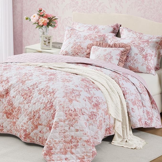 Queen Quilt Set-3 Pieces Soft Bedding Floral Reversible Coverlet | All Seasons - Image 2