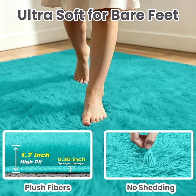 6x9 Fluffy Area Rug for Living Room: Soft Non-Slip Turquoise Bedroom Carpet | - Image 7