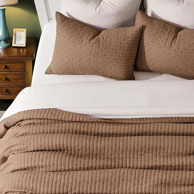100% Cotton Cross Stitch 3-Piece Quilt Set, Camel Brown | 100% Cotton, Elegant - Image 4