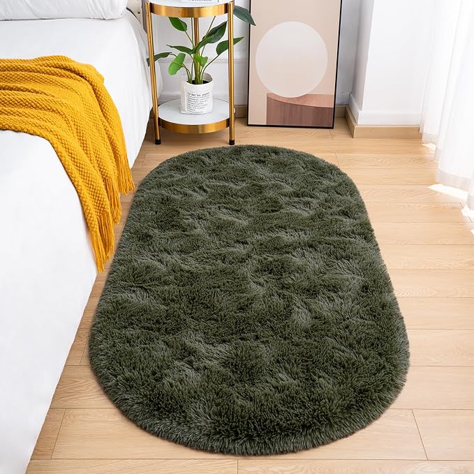 Goideal Fluffy Bedroom Rug, Small Oval Area Rugs, Olive Green Shag Bedside by Goideal