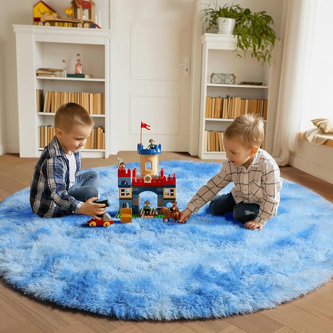 Round Rugs 5ft for Bedroom Living Room, Tie-Dye Blue Fluffy Circle Area Rug for - Image 4
