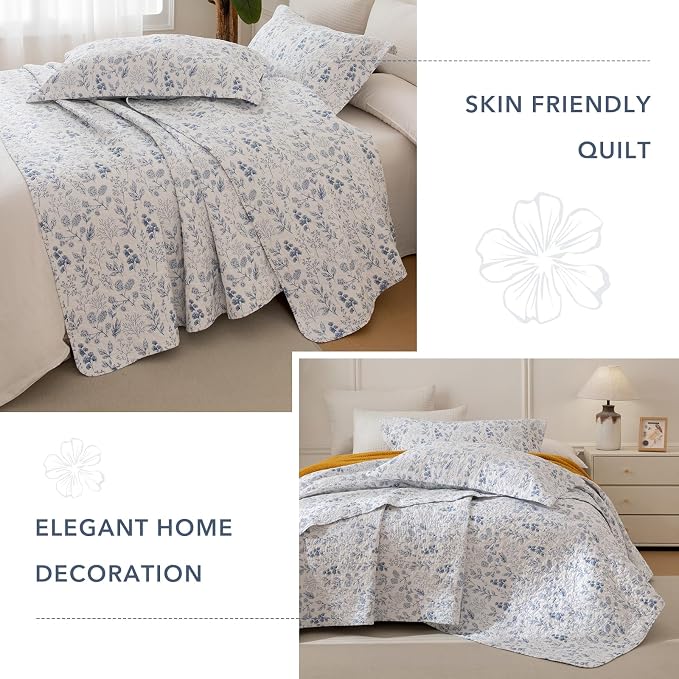 QSH Blue & White Floral Cotton Quilt Set Queen, 3 Pieces Botanical Flower - Image 3