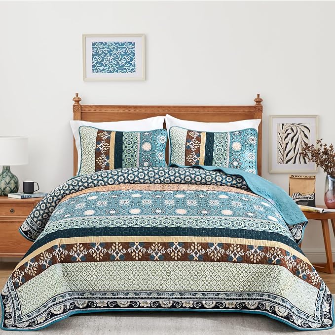 Yiran Blue Boho Quilt Set Queen Size, Summer Patchwork Bedspreads | Bohemia - Image 2