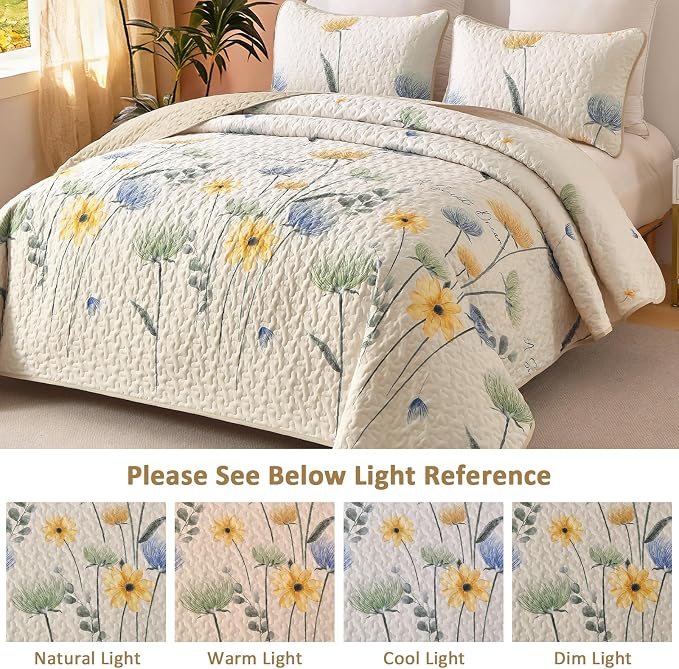 Dinjoy Beige Quilt Set Queen, 3 Piece Colorful Floral Printed Bedspread Set | - Image 3