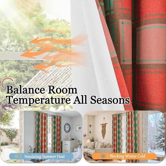 Red Green Plaid Blackout Curtains 96 Inch Long, 52 Wide 2 Panels | Linen - Image 8