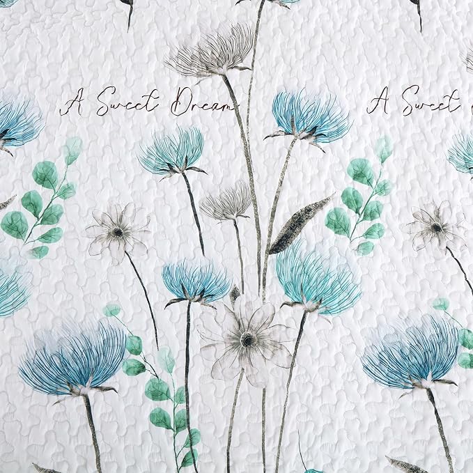 Dinjoy Floral Quilt Set Queen, Teal Fower Bedspread Coverlet Set 3 Pieces | - Image 7