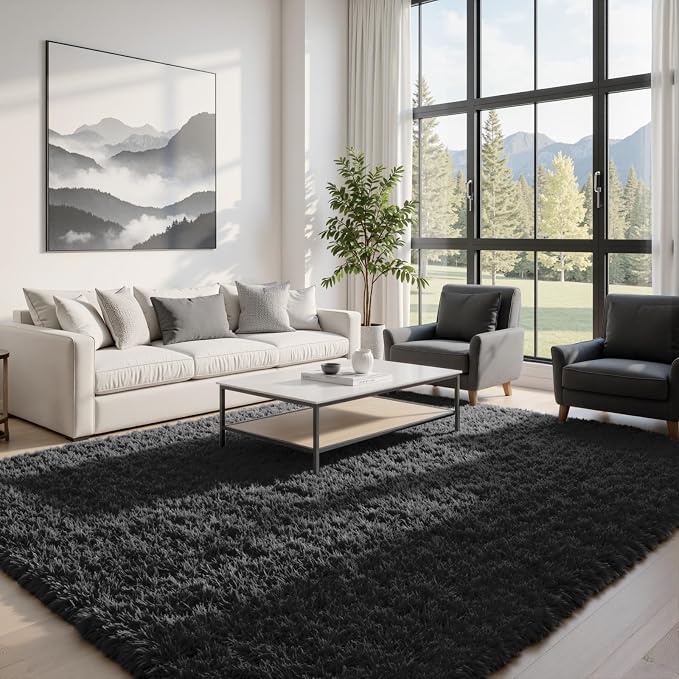6x9 Fluffy Shag Area Rugs for Living Room Bedroom: Soft Plush Carpet Black | - Image 2