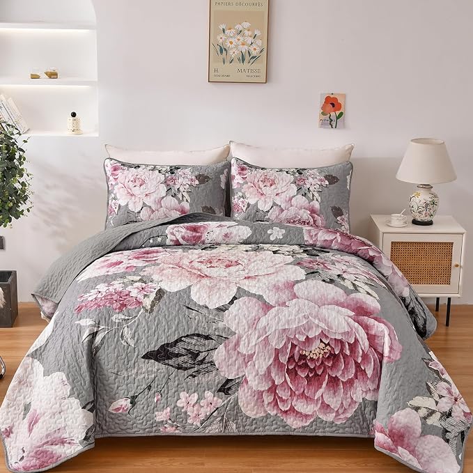 WONGS BEDDING Grey Quilt Queen Size, Lightweight Botanical Coverlet Set by WONGSBEDDING