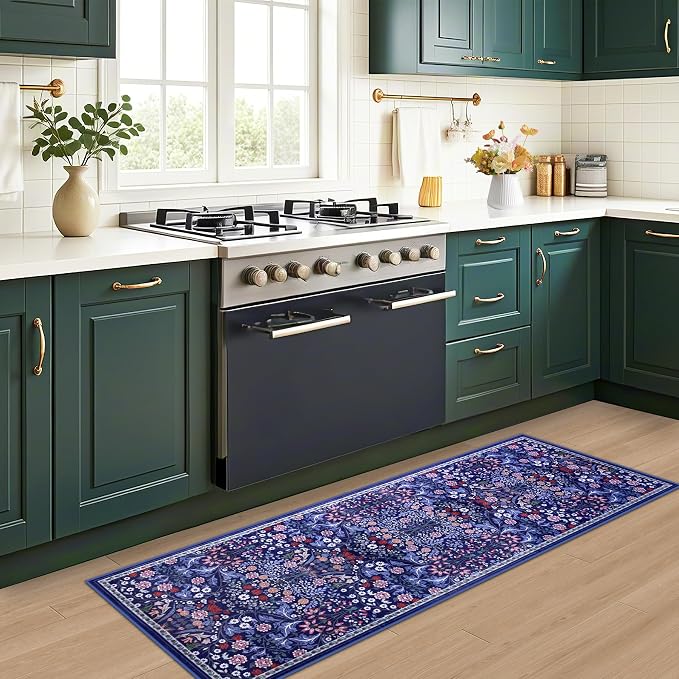 PLHXFR 2x6 Washable Runner Rug：Floral Indoor Kitchen Soft Carpet Blue | - Image 6