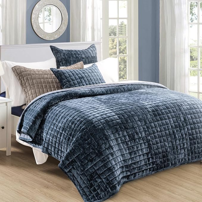 RECYCO Channel Box Stitch Velvet Quilt Set, Twin/Twin XL Size, Stormy Blue | by RECYCOHOMECOLLECTION