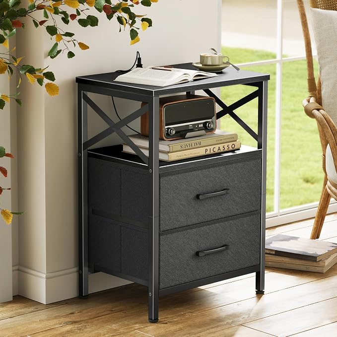 Huuger Night Stand with Charger Station, USB-C Port, End Table | 2 Drawer - Image 7