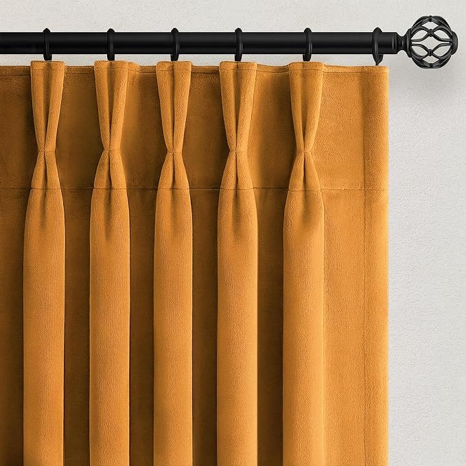 Mustard Yellow Velvet Pleated Curtains 84 Inches Long by Unknown