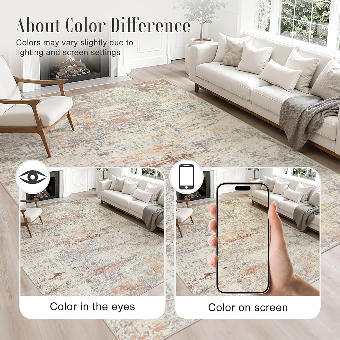 Round Area Rug Living Room: 8 ft Modern Washable Carpet Taupe | - Image 4