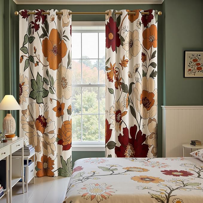 jinchan Beige Boho Floral Blackout Curtains 84 Inch Grommet 2 Panels | Room - Image 3