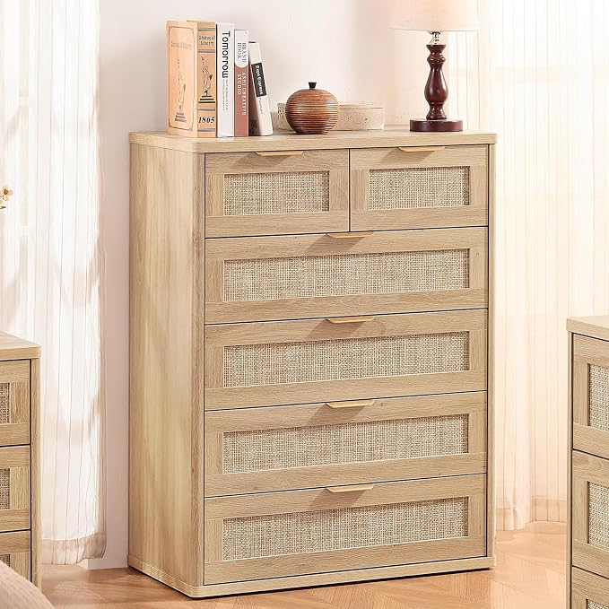 LEYAOYAO Rattan Dresser for Bedroom, Oak Modern 6 Drawers Boho Dressers - Image 8
