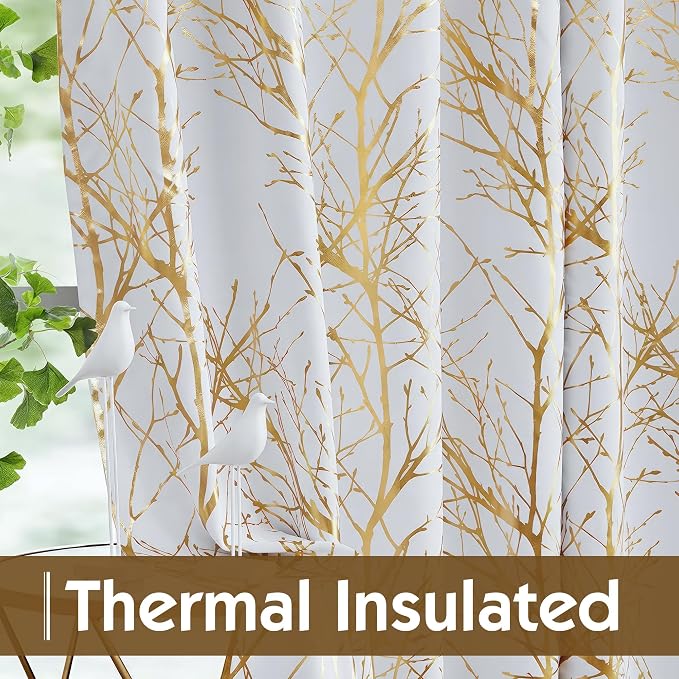 FMFUNCTEX 100% Blackout Ivory Gold Foil Tree Curtains 84 Inch 2 Panels | - Image 5