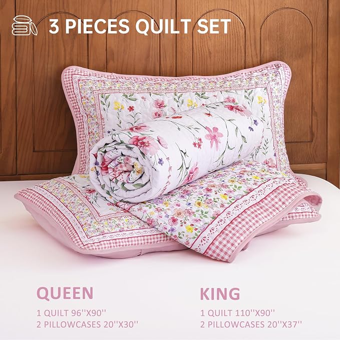 WONGS BEDDING Floral Quilt Set Queen, Microfiber Lightweight Farmhouse Bed - Image 7