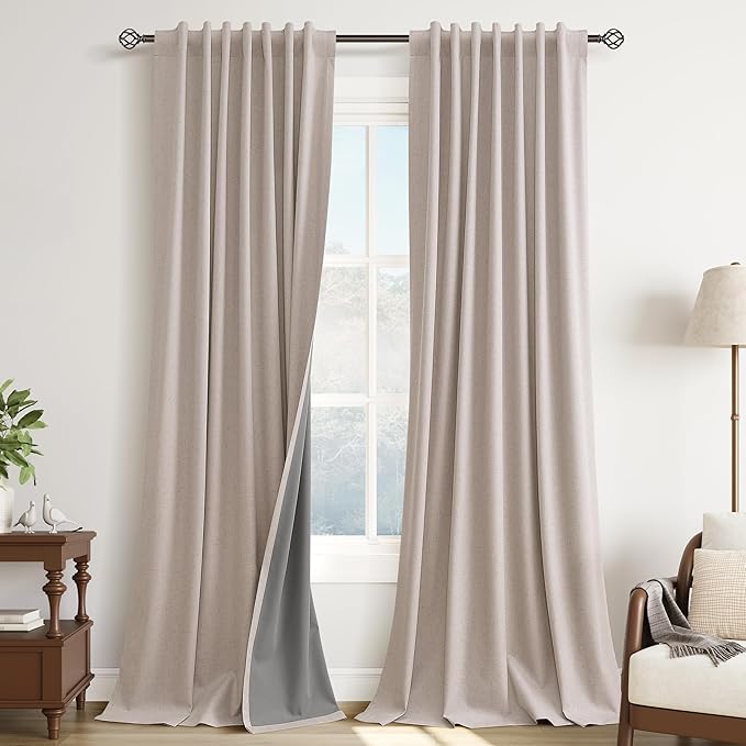 Champagne Linen 100% Blackout Curtains 90 Inch Length by Guken