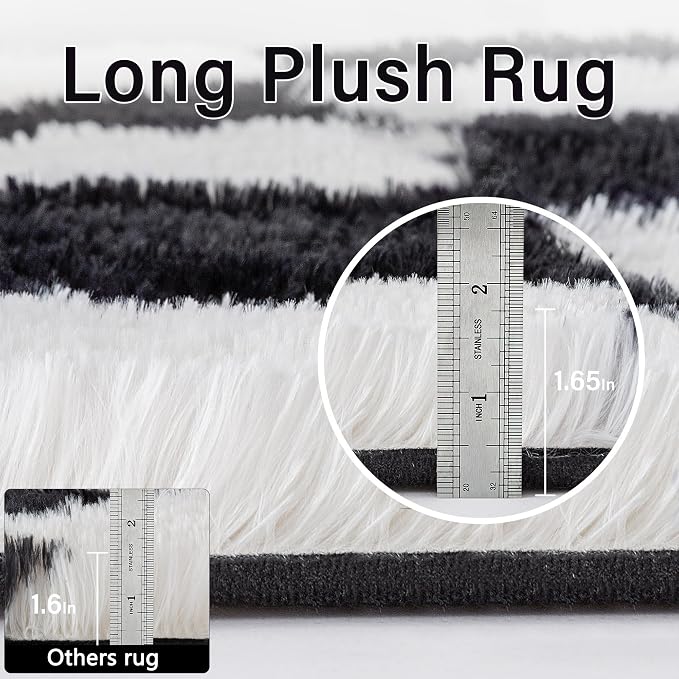 Checkered Rug 9x12 for Living Room Black and White Soft Shag Rugs | Machine - Image 7