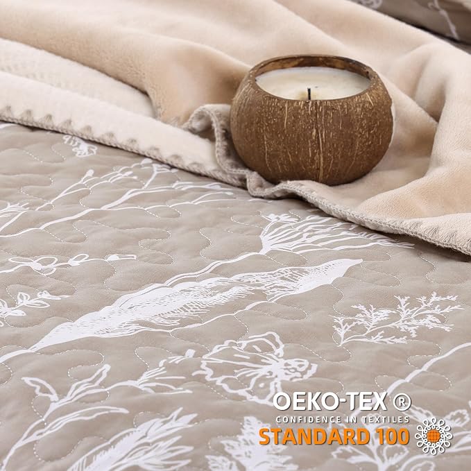 JANZAA Quilt King Size, Oatmeal Quilt Floral Bedspread 3Pcs Boho Bedding Set - Image 2