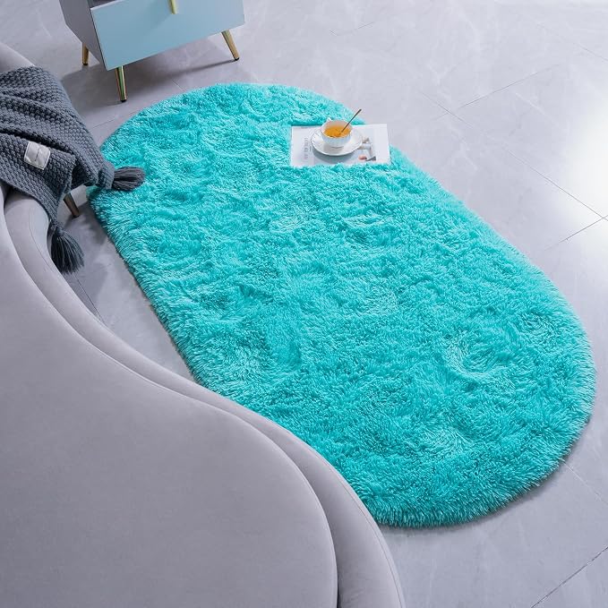 Goideal Fluffy Bedroom Rug, Small Oval Area Rugs, Teal Shag Bedside Carpet - Image 3