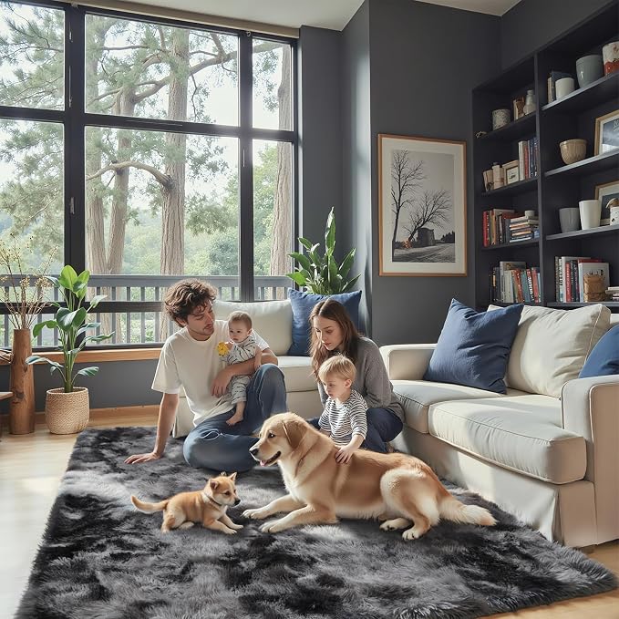 6x9 Shag Area Rug for Living Room, Dark Grey Tie-Dyed Plush Fluffy Carpet | - Image 8