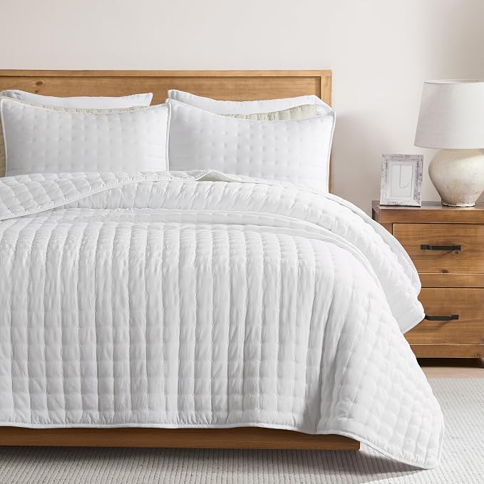 WDCOZY White Cloud Quilt Set Queen Size, Lightweight Soft Cross Stitch Bedspread by WDCOZY