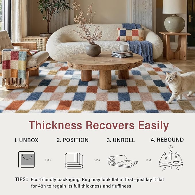 Checkered Area Rug 9x12 for Living Room Soft Fluffy Shag Carpet | Machine - Image 6