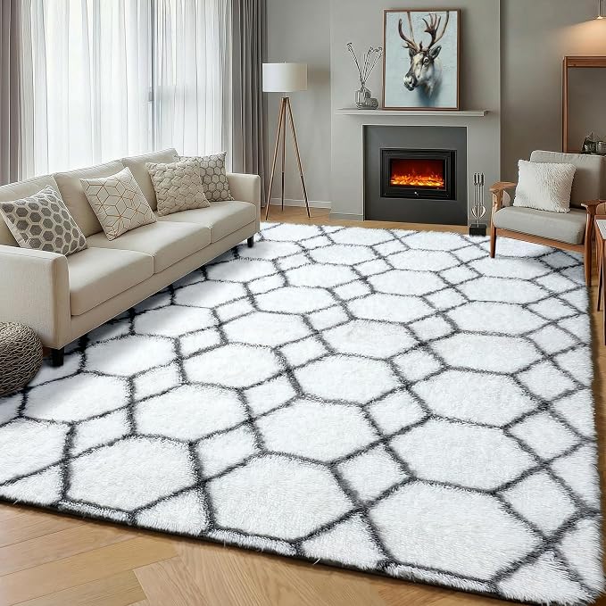 Area Rugs for Living Room, 5x8 Fluffy White and Grey Rug for Bedroom, Geometric by ONASAR