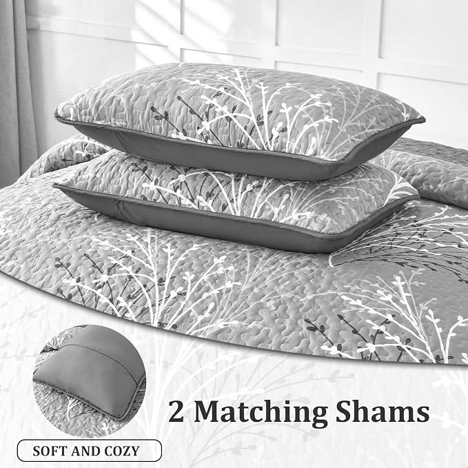 DJY Grey Quilt Set Full Size, Branch Botanical Bedspread Coverlet | 3 Piece - Image 7