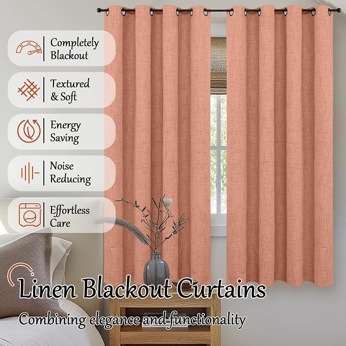 Terracotta Linen Blackout Curtains 63" Long Each 60 Wide 2 Panels | Thermal - Image 2