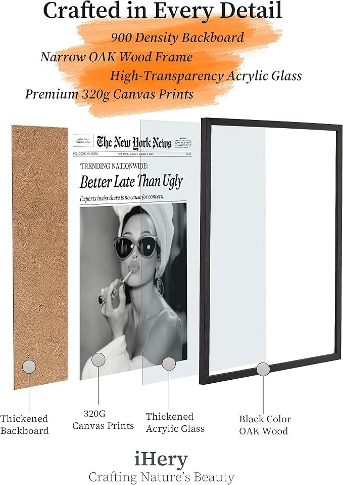 iHery 8x10in Audrey Hepburn Better Late Than Ugly Framed Bathroom Art | Premium - Image 5