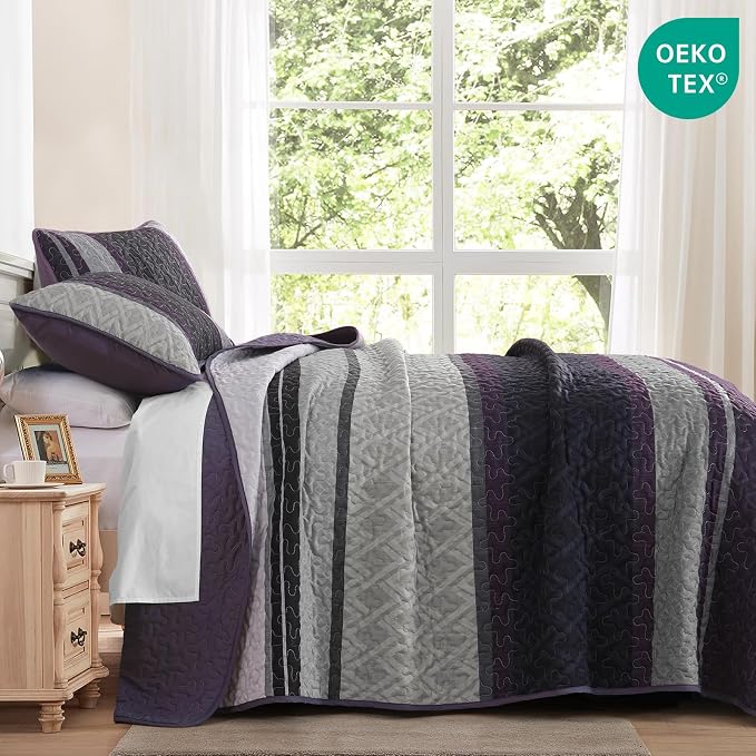 Dinjoy Striped Quilts Queen Size, Fall Bedspread Bedding Set - Image 3