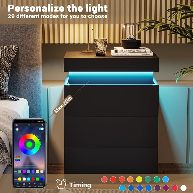 ADORNEVE Black Nightstand with Charging Station and LED Lights | Modern Night - Image 5