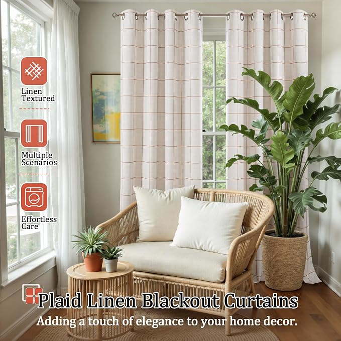 Plaid Curtains 90 Inches Long, 2 Panels Each 52 Wide, Terracotta | Linen - Image 2