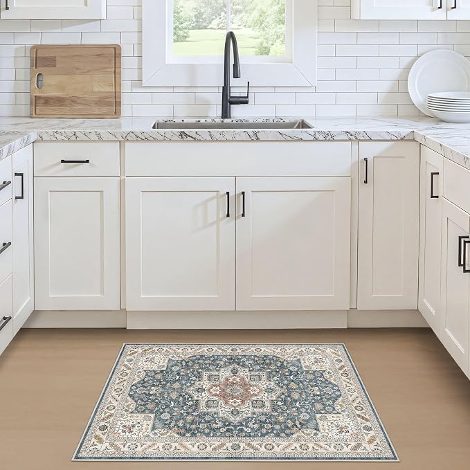 cotiled 2x3 Area Rug for Living Room, Traditional, Vintage Blue | Washable Soft - Image 2