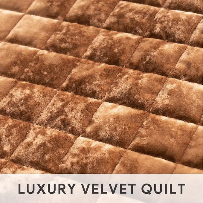 RECYCO Channel Box Stitch Velvet Quilt Set, King Size, Rusty Burnt Orange | - Image 4