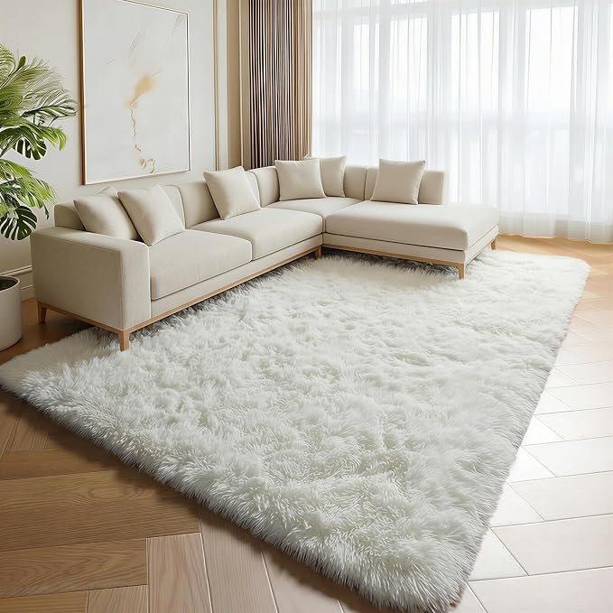 Cream White 6x9 Area Rugs for Living Room Bedroom, Large Fluffy Bedside Throw by ONASAR