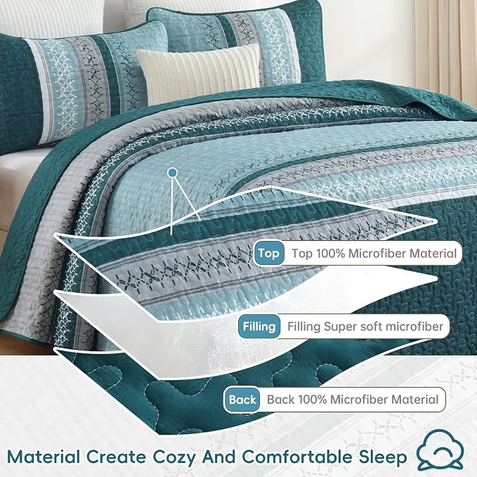 Cottolester Teal Quilt Set Queen Size, Soft Striped Texture Quilt Set 3 Pcs | - Image 6