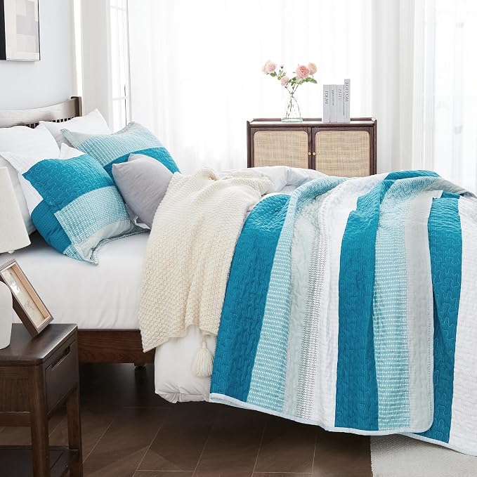 Queen Quilt Set Teal White, 3 Pieces Striped Bedspread | Ultra Soft Summer - Image 2