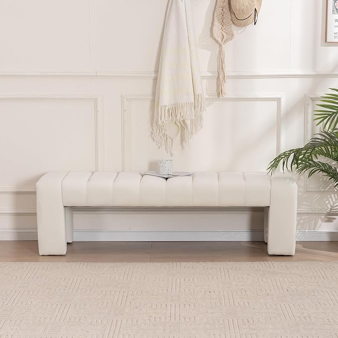 59" Velvet Bench for Bedroom King Size Bed Window End of Bed, Ivory White | by AIITTCC