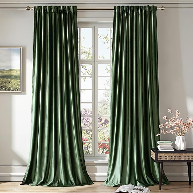 PRIMROSE Emerald Olive Green Velvet Curtains 84 inch Long by PRIMROSE