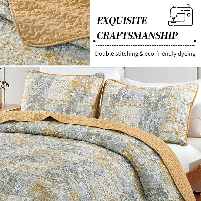 Mybedsoul Yellow Boho Quilt Set King Size 3 Pieces Grey and Yellow Plaid Floral - Image 5