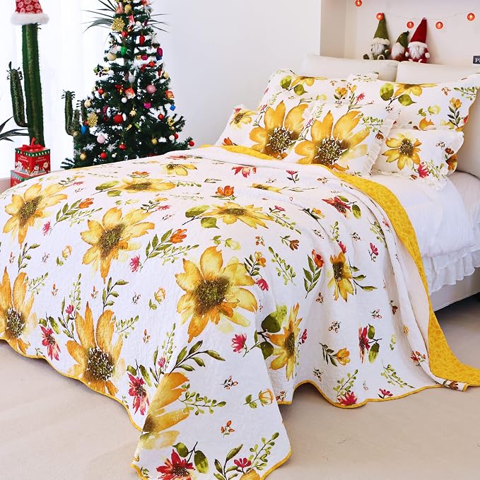 EVENHUG 100% Cotton Quilt King Size Yellow Sunflower Bedding Set Floral - Image 7