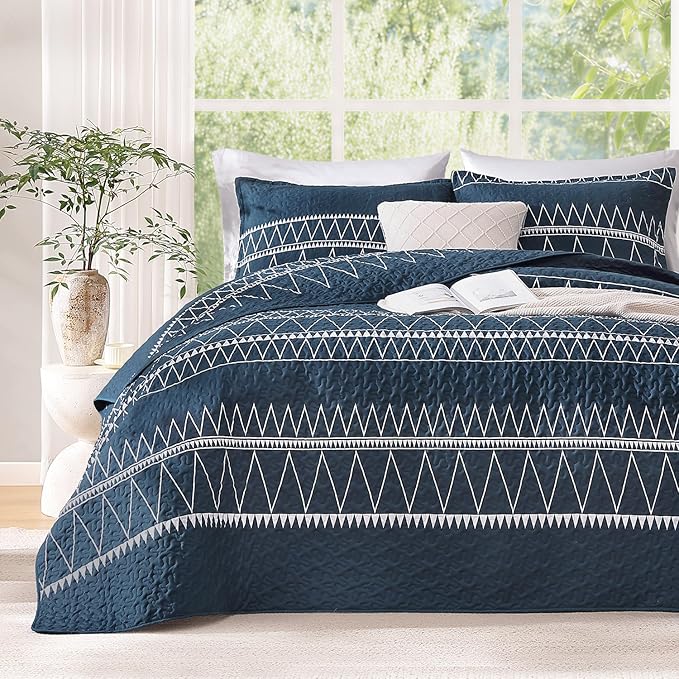 Navy Twin Quilt Set, 2 Pieces Boho Lightweight Striped Bedspread | Soft Navy - Image 2
