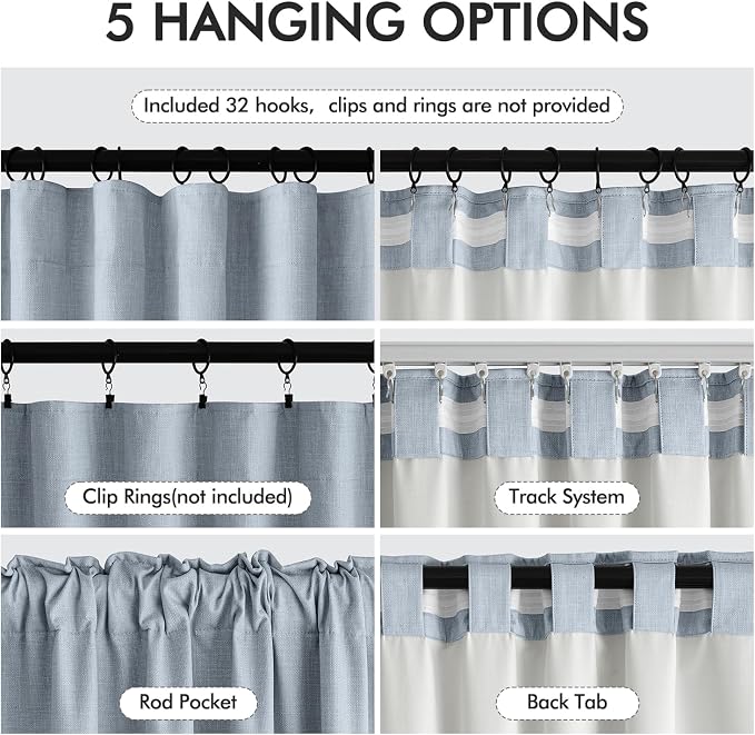 MIULEE 100% Blackout Back Tab Pleat Linen Curtains 50" Wx63 L, Chambray Blue | - Image 6
