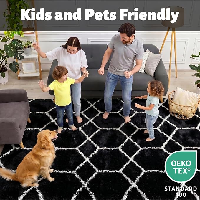 Area Rugs for Bedroom Living Room, Fluffy 4x6 Black and White Rug, Geometric - Image 3